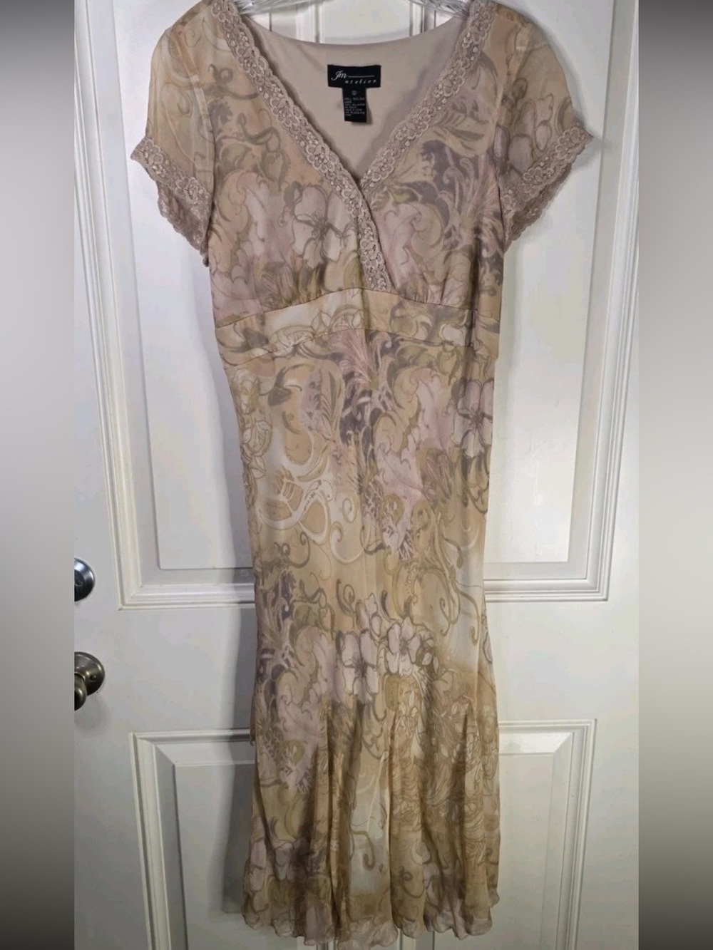 Vintage Y2K Silk Floral Midi Dress woman’s size 12 beige pink lace